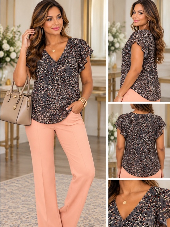 Torrid curvy Tops - Women's V‑Neck Flutter Sleeve Blouse in Charcoal Animal Print